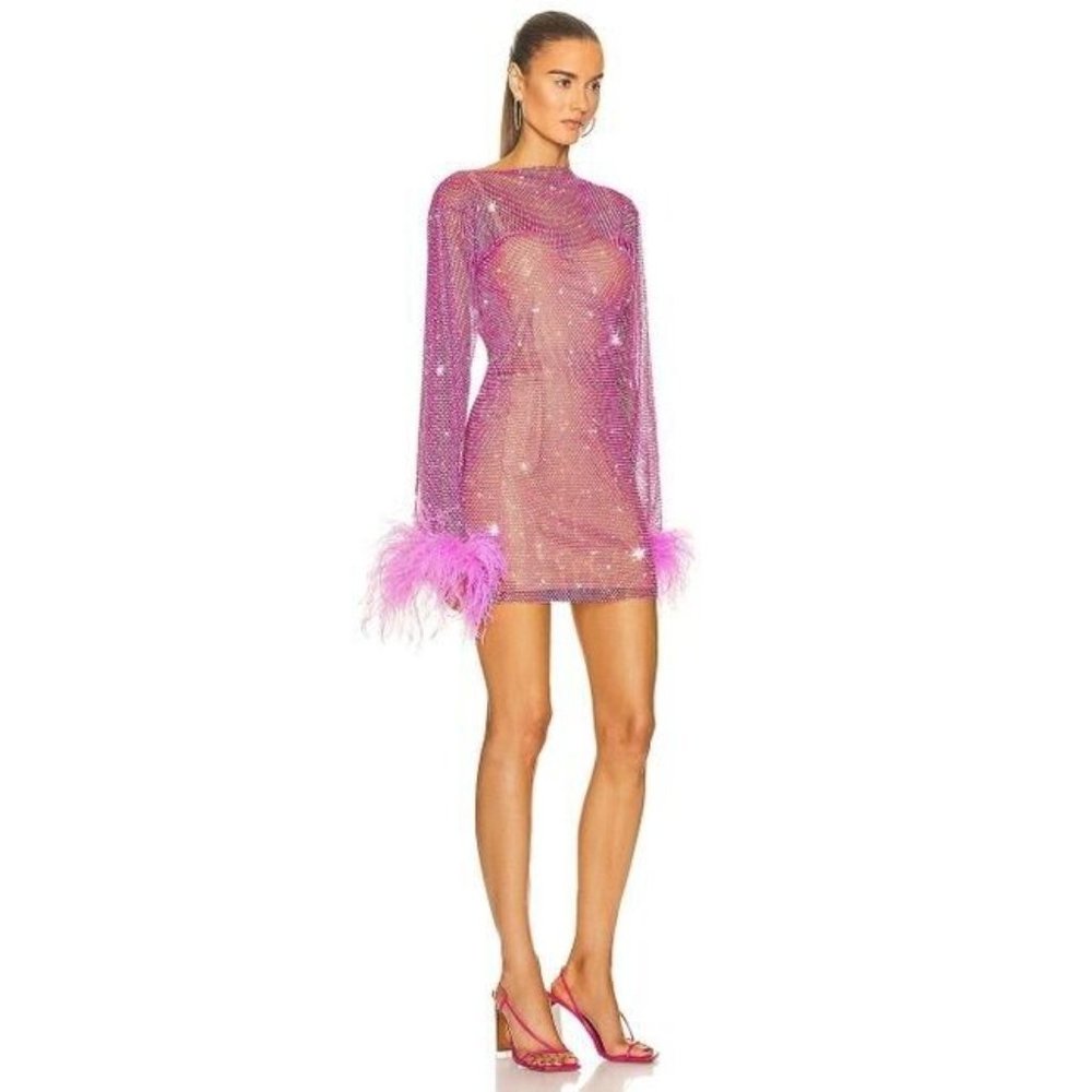 Santa Brands for FWRD Feathers Mini Dress Pink Rhinestones - Picture 3 of 7